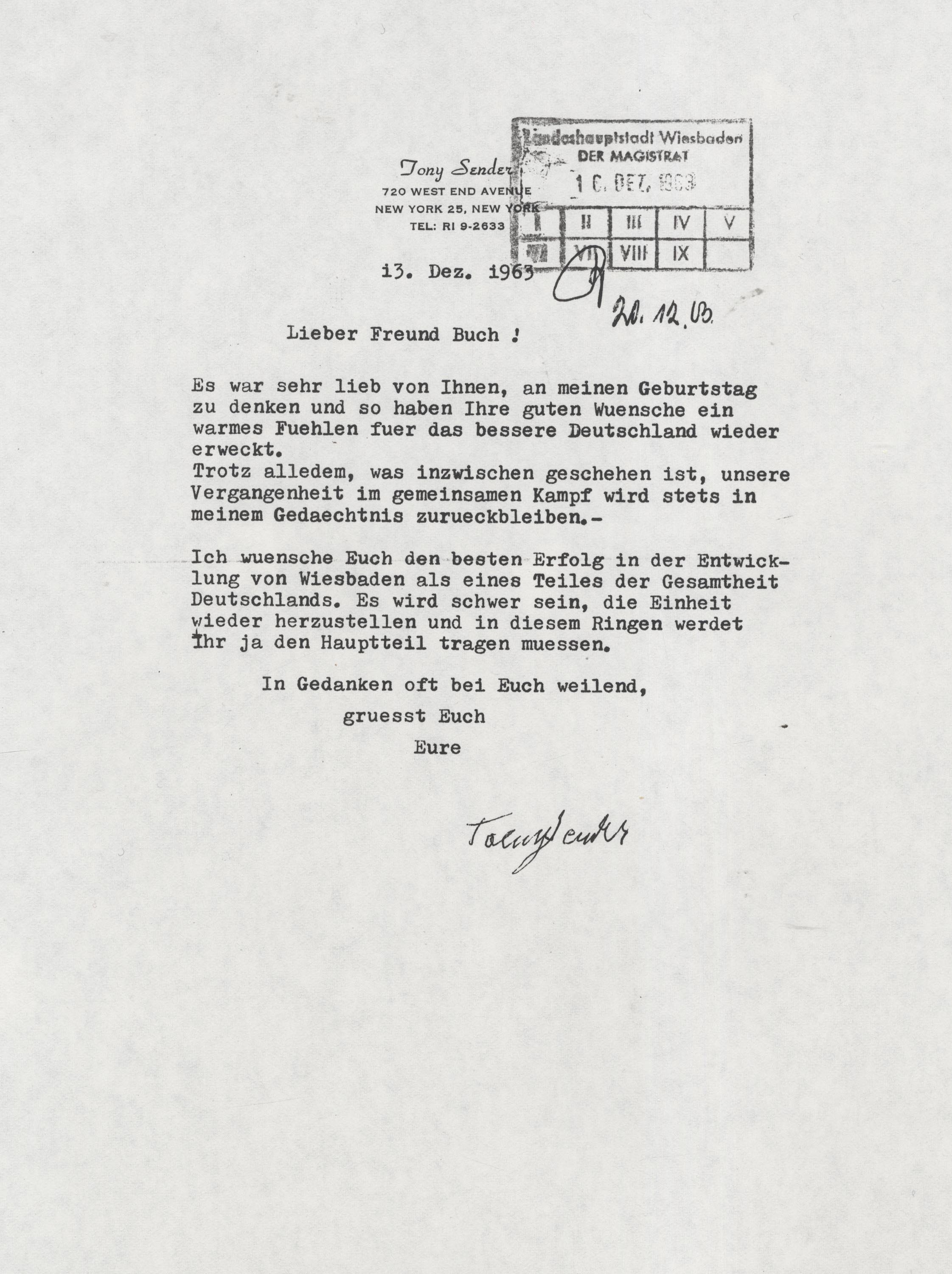 Dankschreiben an Oberbürgermeister Georg Buch anlässlich seiner Gratulation zu ihrem 75. Geburtstag